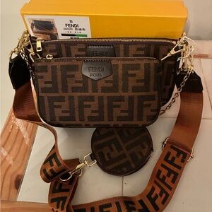 Fendi Brown Logo Pouchette Patterned Bag Set